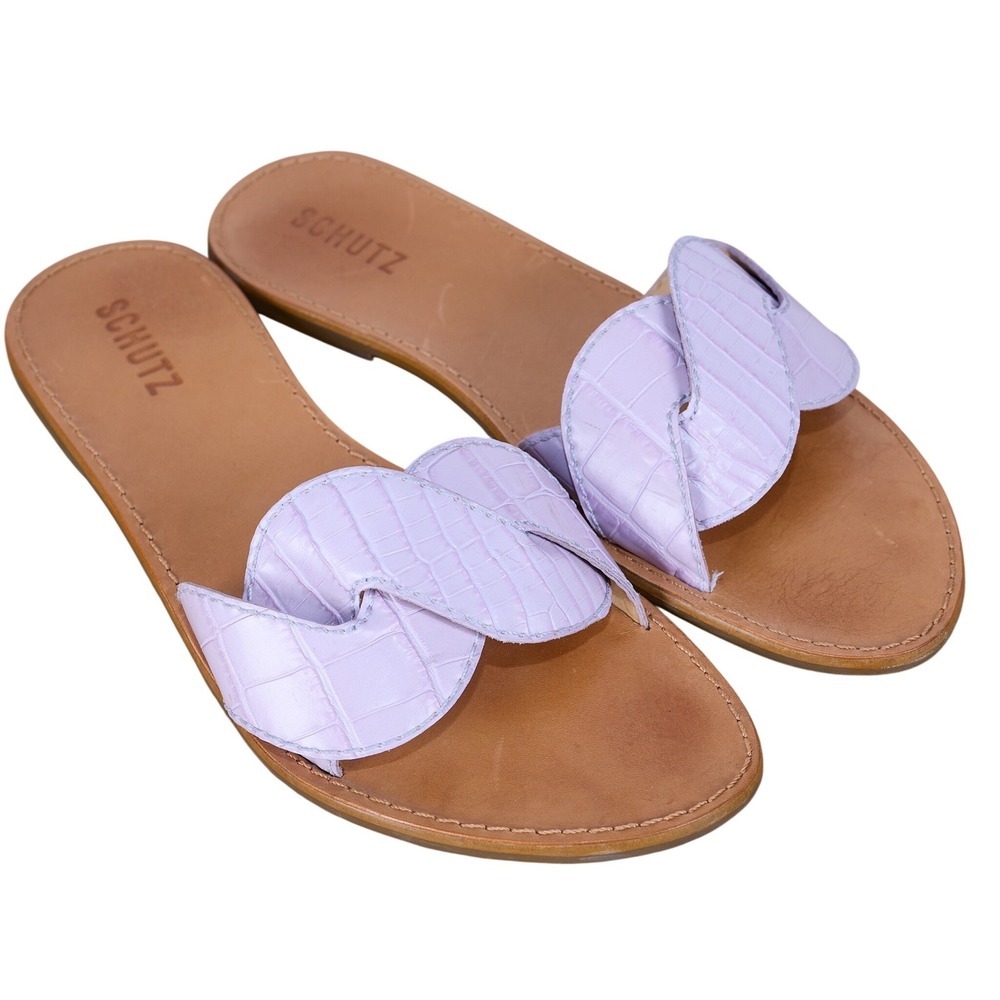 Schutz Womens Lavender Croc Embossed Leather Flat Slide Sandals Purple Size 9.5B